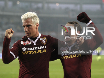 The exultation of Maxi Lopez and Andrea Belotti after the penalty scored by Maxi Lopez during the Seria A match  between Torino FC and AS Ro...