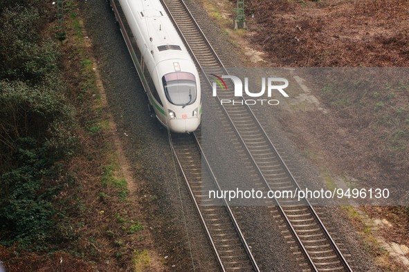 

A German ICE high-speed train (Deutsche Bahn) is approaching the Deutz station in Cologne, Germany on January 25, 2023, as the state gover...