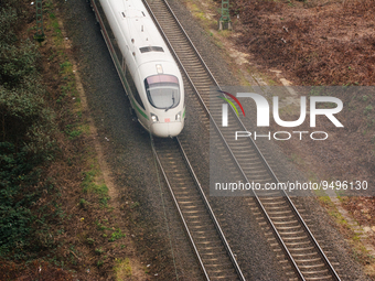 

A German ICE high-speed train (Deutsche Bahn) is approaching the Deutz station in Cologne, Germany on January 25, 2023, as the state gover...