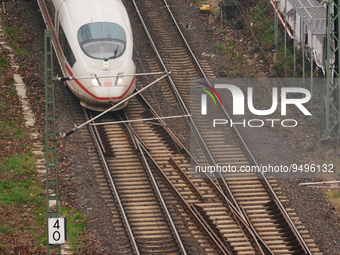 

A German ICE high-speed train (Deutsche Bahn) is approaching the Deutz station in Cologne, Germany on January 25, 2023, as the state gover...