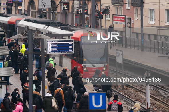 

A street train is arriving at the platform of the Lanxess Arena in Cologne, Germany on January 25, 2023, as the state government of NRW is...