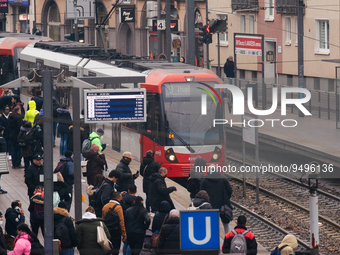 

A street train is arriving at the platform of the Lanxess Arena in Cologne, Germany on January 25, 2023, as the state government of NRW is...