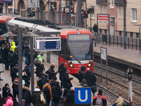 

A street train is arriving at the platform of the Lanxess Arena in Cologne, Germany on January 25, 2023, as the state government of NRW is...