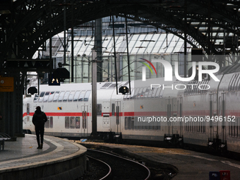 

A passenger is seen on the platform as an ICE high-speed train (Deutsche Bahn) parks at Cologne Central Station in Cologne, Germany on Jan...