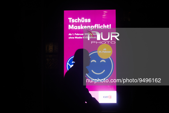 

A general view of a "Goodbye to Mask Mandate" sign is seen illuminated in front of a KVB Street Bahn local office in Cologne, Germany on J...