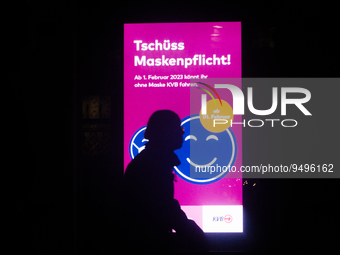 

A general view of a "Goodbye to Mask Mandate" sign is seen illuminated in front of a KVB Street Bahn local office in Cologne, Germany on J...