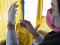 An Iranian female health personnel wearing a protective face mask loads a syringe with the Iranian Noora new coronavirus disease (COVID-19)...