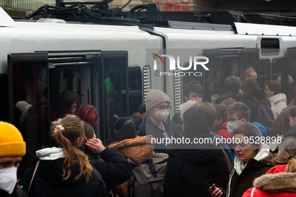 

A general view of people getting off a street Bahn in Cologne, Germany on February 1, 2023, as the state government starts removing the ma...