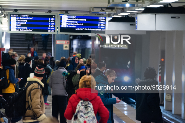 

General views of people waiting on the platform of Bahn Street at Cologne Central Station in Cologne, Germany on February 1, 2023, as the...