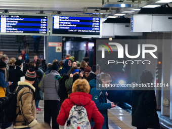 

General views of people waiting on the platform of Bahn Street at Cologne Central Station in Cologne, Germany on February 1, 2023, as the...