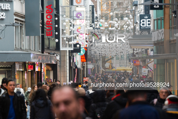 

A general view of the shopping crowd in the city center of Cologne, Germany on February 1, 2023 is seen as the state government starts rem...