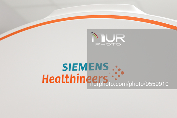 Siemens Healthineers logo is seen on Somatom Confidence scanner in the University Hospital in Krakow, Poland on February 3, 2023. 