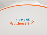 Siemens Healthineers logo is seen on Somatom Confidence scanner in the University Hospital in Krakow, Poland on February 3, 2023. (