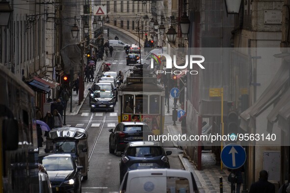 A tram is seen traveling through one of the streets of the Baixa district. Lisbon, January 23, 2023. In Portugal, the transmissibility index...