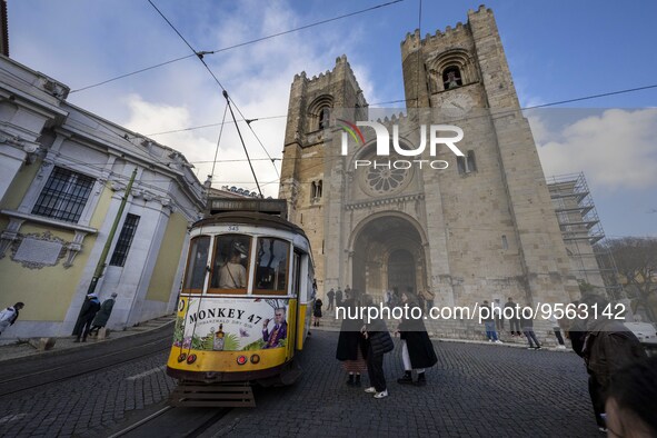 A tram is seen traveling through one of the streets of the Baixa district. Lisbon, January 23, 2023. In Portugal, the transmissibility index...