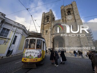 A tram is seen traveling through one of the streets of the Baixa district. Lisbon, January 23, 2023. In Portugal, the transmissibility index...