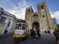 A tram is seen traveling through one of the streets of the Baixa district. Lisbon, January 23, 2023. In Portugal, the transmissibility index...