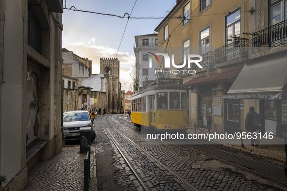 A tram is seen traveling through one of the streets of the Baixa district. Lisbon, January 23, 2023. In Portugal, the transmissibility index...