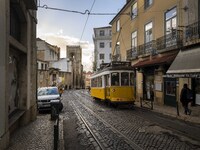 A tram is seen traveling through one of the streets of the Baixa district. Lisbon, January 23, 2023. In Portugal, the transmissibility index...