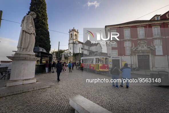 A tram is seen traveling through one of the streets of the Graca district. Lisbon, January 23, 2023. In Portugal, the transmissibility index...