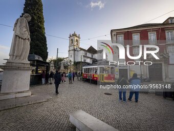 A tram is seen traveling through one of the streets of the Graca district. Lisbon, January 23, 2023. In Portugal, the transmissibility index...