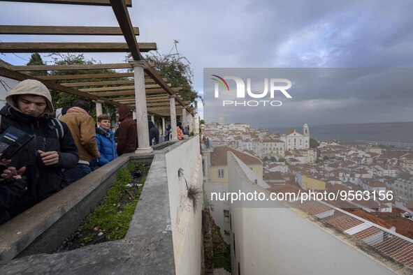 People are seen visiting the Santa Catarina viewpoint, located in the Santa Apolonia neighborhood. Lisbon, January 16, 2023. In Portugal, th...