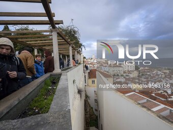 People are seen visiting the Santa Catarina viewpoint, located in the Santa Apolonia neighborhood. Lisbon, January 16, 2023. In Portugal, th...