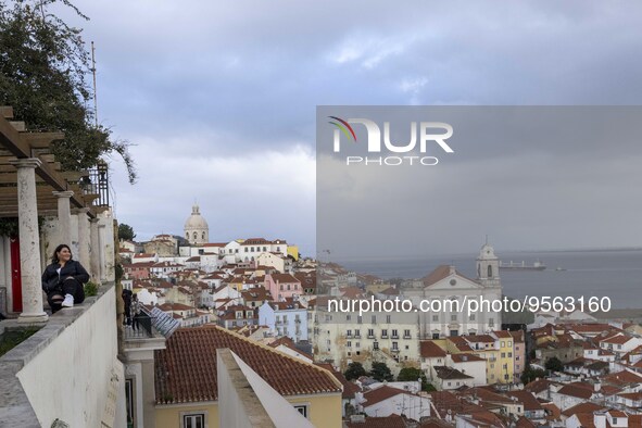 A person is seen visiting the Santa Catarina viewpoint, located in the Santa Apolonia neighborhood. Lisbon, January 16, 2023. In Portugal, t...