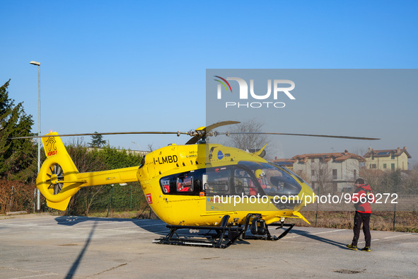 Medical helicopter landed in a public car parking, in Cernusco sul Naviglio, Italy, on February 10, 2023.  