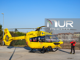 Medical helicopter landed in a public car parking, in Cernusco sul Naviglio, Italy, on February 10, 2023.  (