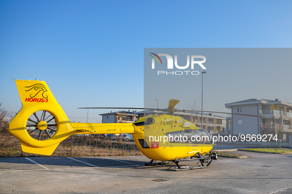 Medical helicopter landed in a public car parking, in Cernusco sul Naviglio, Italy, on February 10, 2023.  