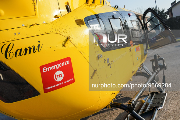 Logo emergenza 112 printed on the side of medical helicopter, in Cernusco sul Naviglio, Italy, on February 10, 2023.  