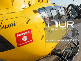 Logo emergenza 112 printed on the side of medical helicopter, in Cernusco sul Naviglio, Italy, on February 10, 2023.  (