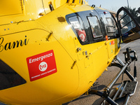 Logo emergenza 112 printed on the side of medical helicopter, in Cernusco sul Naviglio, Italy, on February 10, 2023.  (