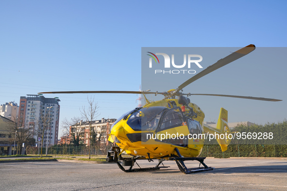 Medical helicopter landed in a public car parking, in Cernusco sul Naviglio, Italy, on February 10, 2023.  