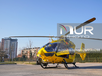 Medical helicopter landed in a public car parking, in Cernusco sul Naviglio, Italy, on February 10, 2023.  (