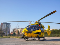 Medical helicopter landed in a public car parking, in Cernusco sul Naviglio, Italy, on February 10, 2023.  (