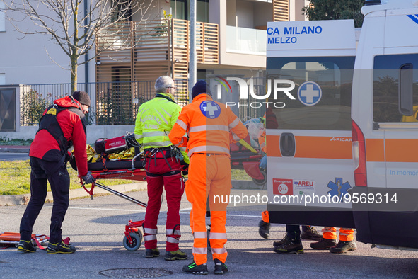 Injured Person on the stretcher near the Ambulance, in Cernusco sul Naviglio, Italy, on February 10, 2023.  