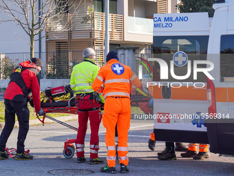 Injured Person on the stretcher near the Ambulance, in Cernusco sul Naviglio, Italy, on February 10, 2023.  (