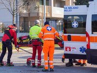 Injured Person on the stretcher near the Ambulance, in Cernusco sul Naviglio, Italy, on February 10, 2023.  (