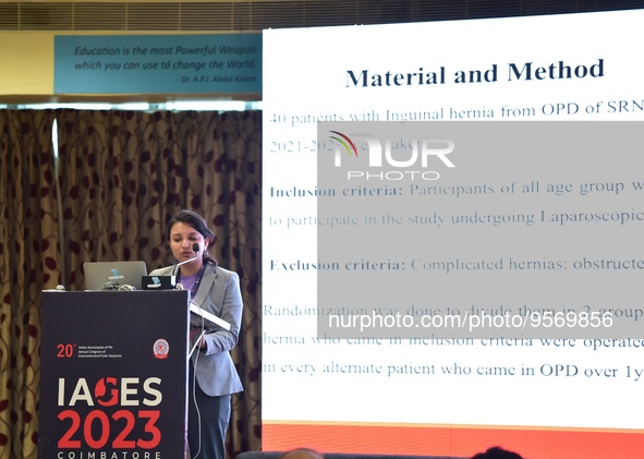 Dr. Gayatri Rangra speaks during IAGES 2023, Indian association of gastrointestinal endo surgeons on laproscopic hernia surgery , in Coimbat...