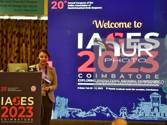 Dr. Gayatri Rangra speaks during IAGES 2023, Indian association of gastrointestinal endo surgeons on laproscopic hernia surgery , in Coimbat...