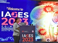 Dr. Gayatri Rangra speaks during IAGES 2023, Indian association of gastrointestinal endo surgeons on laproscopic hernia surgery , in Coimbat...