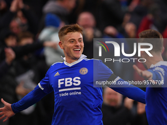 Harvey Barnes of Leicester City celebrates after scoring a goal during the Premier League match between Leicester City and Tottenham Hotspur...