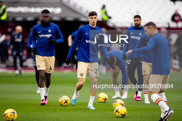 Kai Havertz of Chelsea warms up during the Premier League match between West Ham United and Chelsea at the London Stadium, Stratford on Satu...