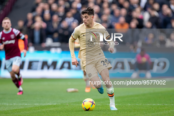 Kai Havertz of Chelsea controls the ball during the Premier League match between West Ham United and Chelsea at the London Stadium, Stratfor...