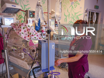 A nurse is taking care of the quintuplets laying in an incubator. Krakow, Poland on February 14, 2023. Three girls and two boys were born in...