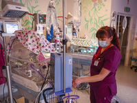 A nurse is taking care of the quintuplets laying in an incubator. Krakow, Poland on February 14, 2023. Three girls and two boys were born in...