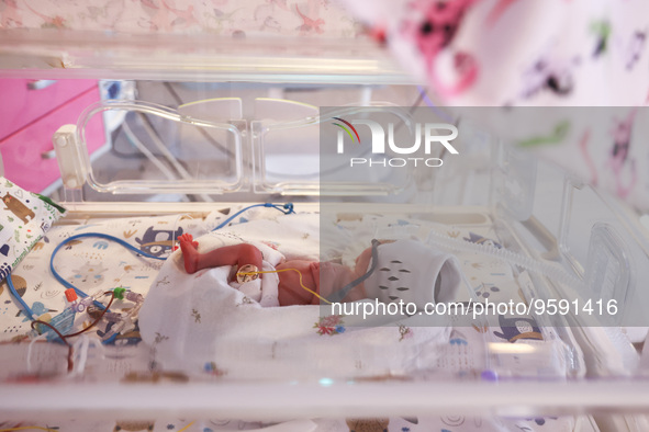 One of the quintuplets, which were born in the University Hospital, is seen in an incubator. Krakow, Poland on February 14, 2023. Three girl...