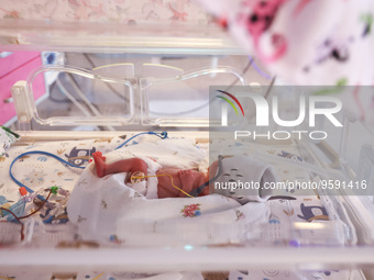 One of the quintuplets, which were born in the University Hospital, is seen in an incubator. Krakow, Poland on February 14, 2023. Three girl...